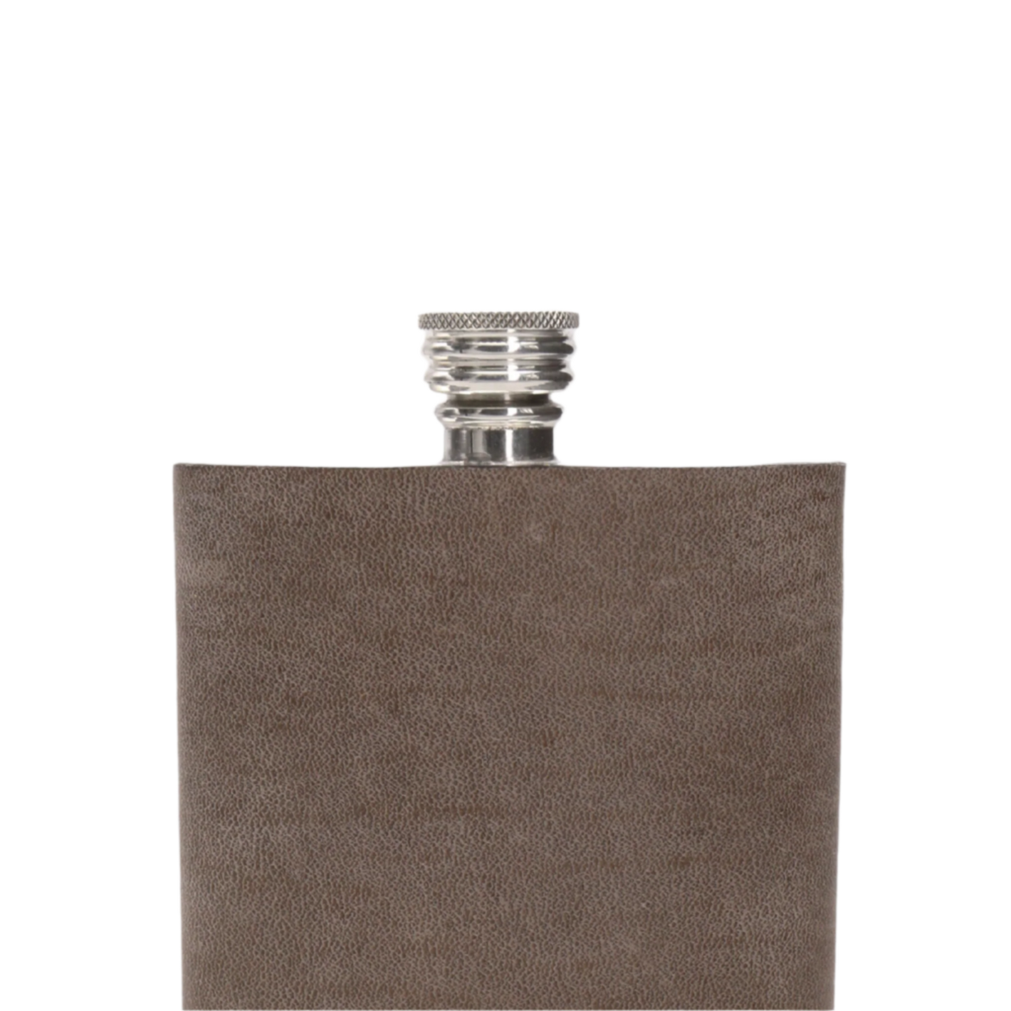 Brown leather flask with silver cap on a white background