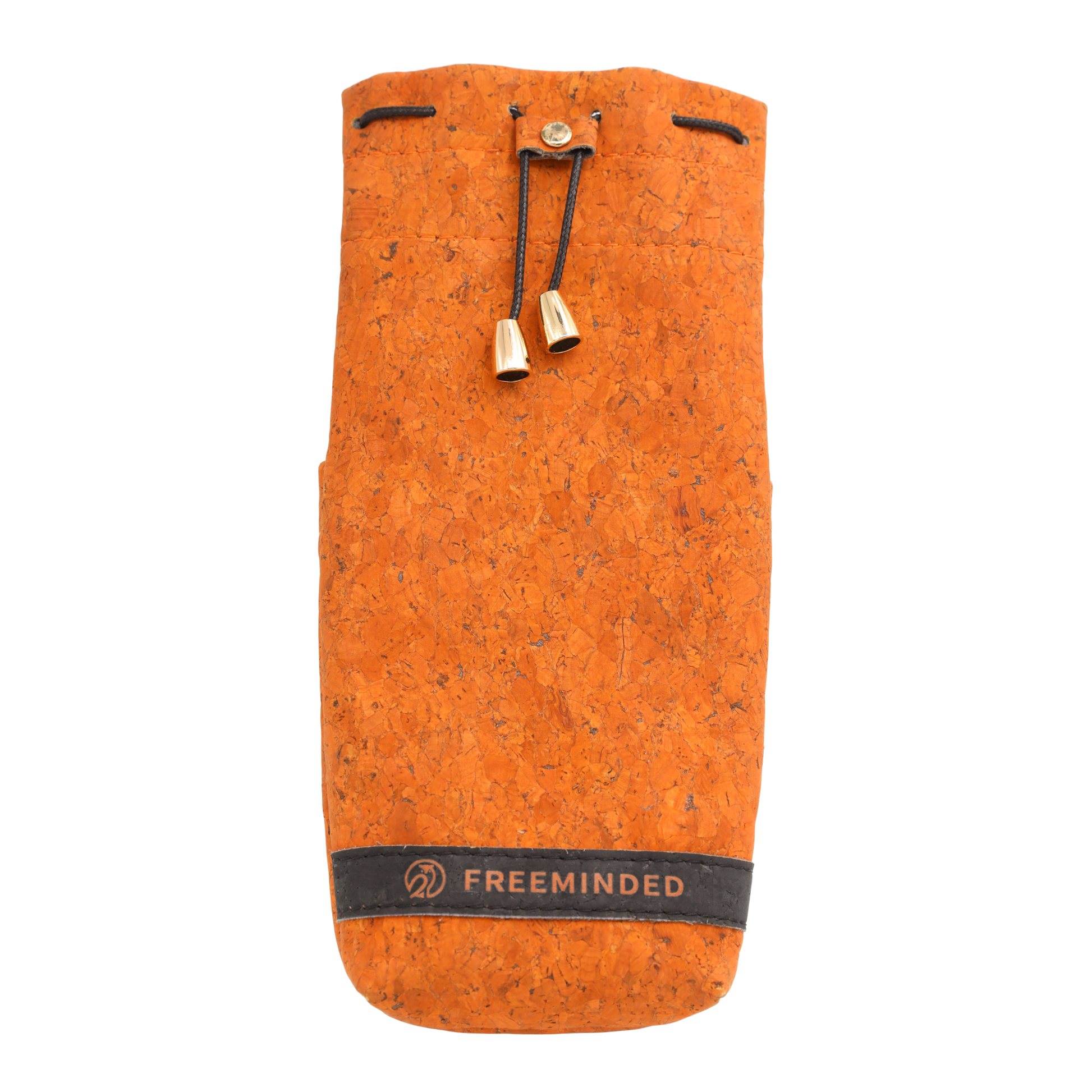 Orange cork material pouch with drawstrings and 'Freeminded' branding on a white background