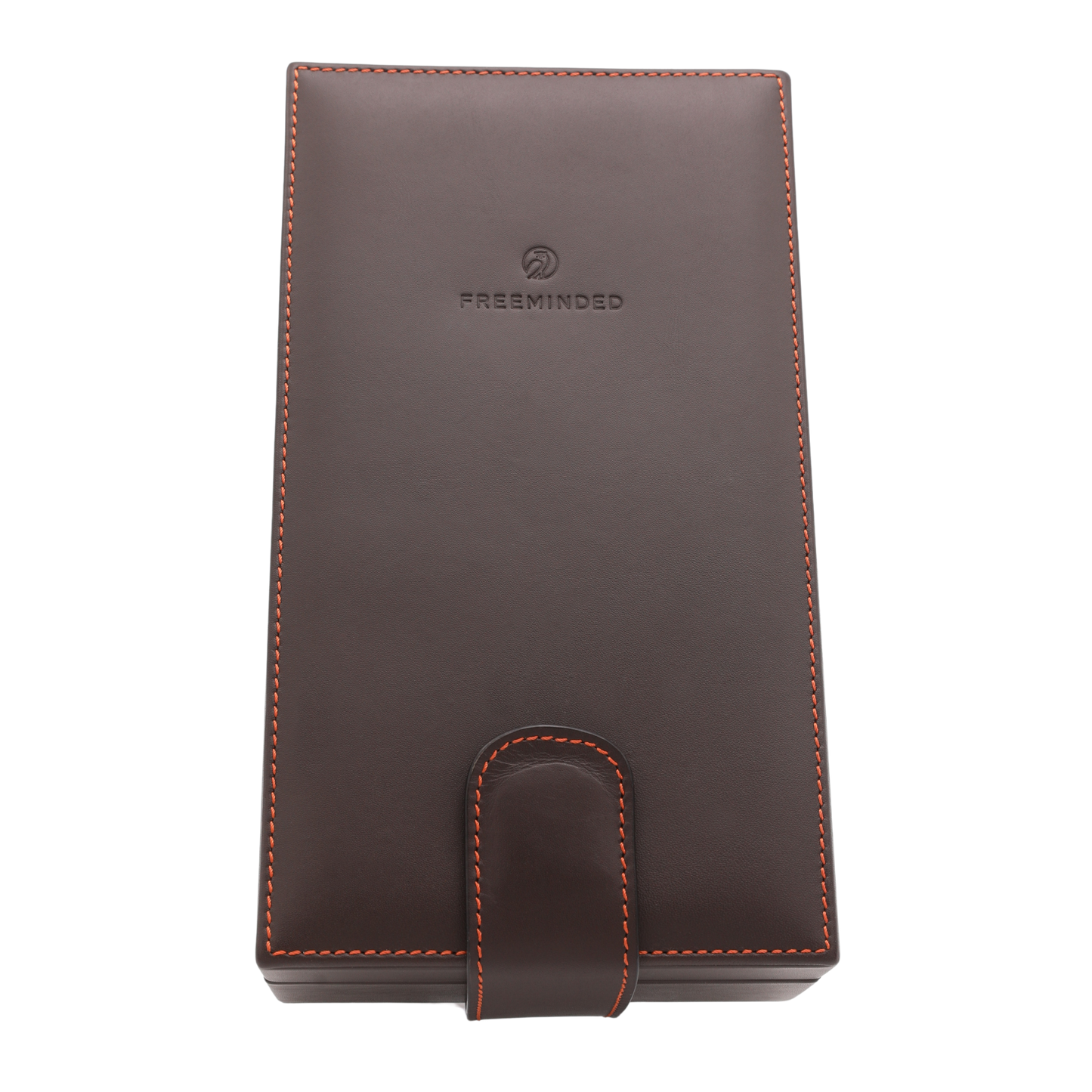Brown leather notebook style box with red stitching on the borders