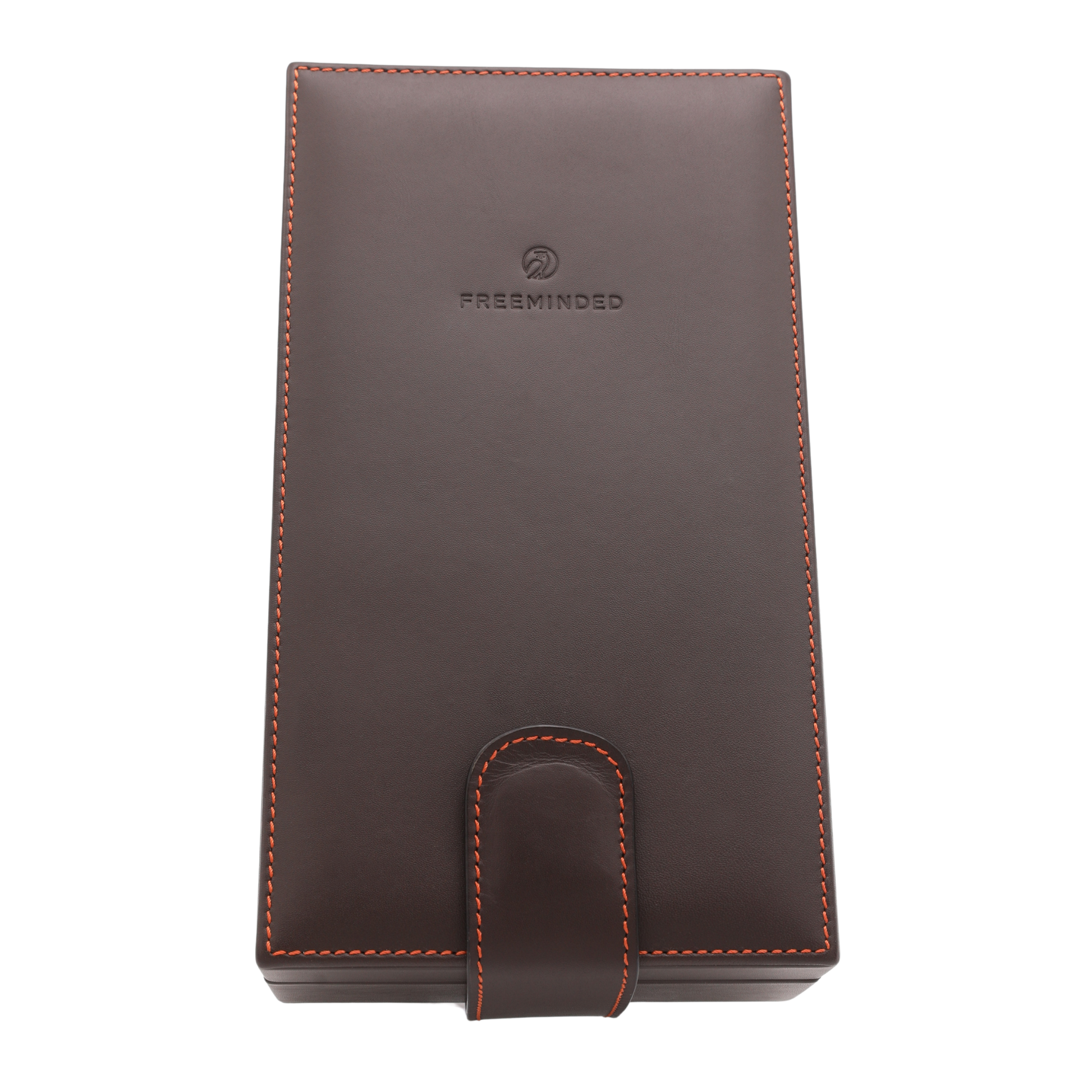 Brown leather notebook style box with red stitching on the borders