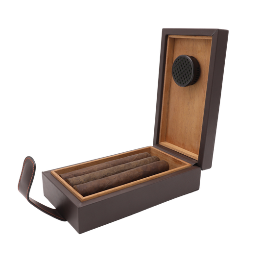 Wooden cigar humidor with a black humidifier on a white background