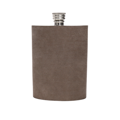 Light Grey leather flask with silver cap on a white background