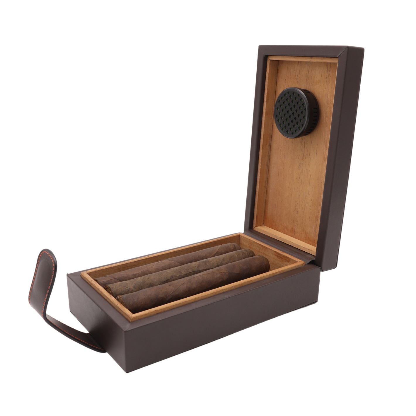 Wooden cigar humidor with a black humidifier on a white background